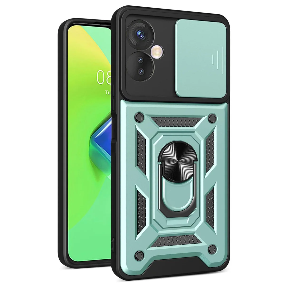 Hot 30 4G Silikon Kılıf - Yeşil Pars Lens Korumalı Metal Standlı Güvenli Kılıf