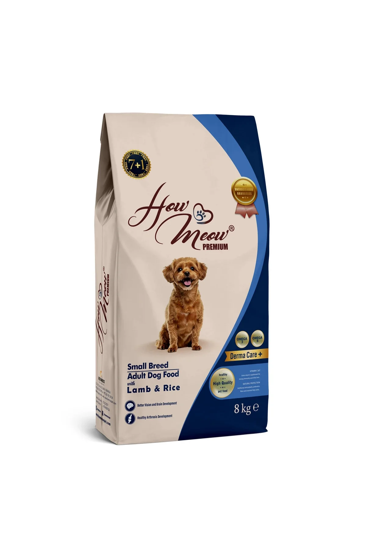 HOW MEOW YETİŞKİN KÖPEK KÜÇÜK IRK KURU MAMASI KUZULU ve PİRİNÇLİ 7+1 KG