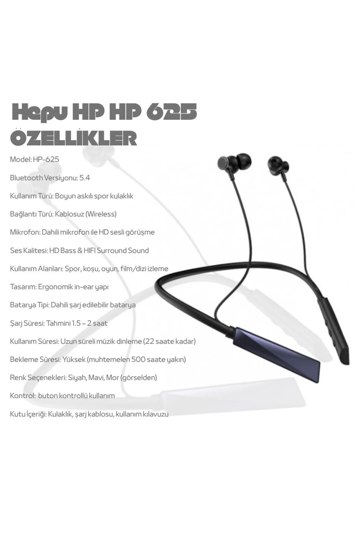 HP-625 BT 5.4 Kablosuz Spor Kulaklık | Boyun Askılı | HD Bass | M