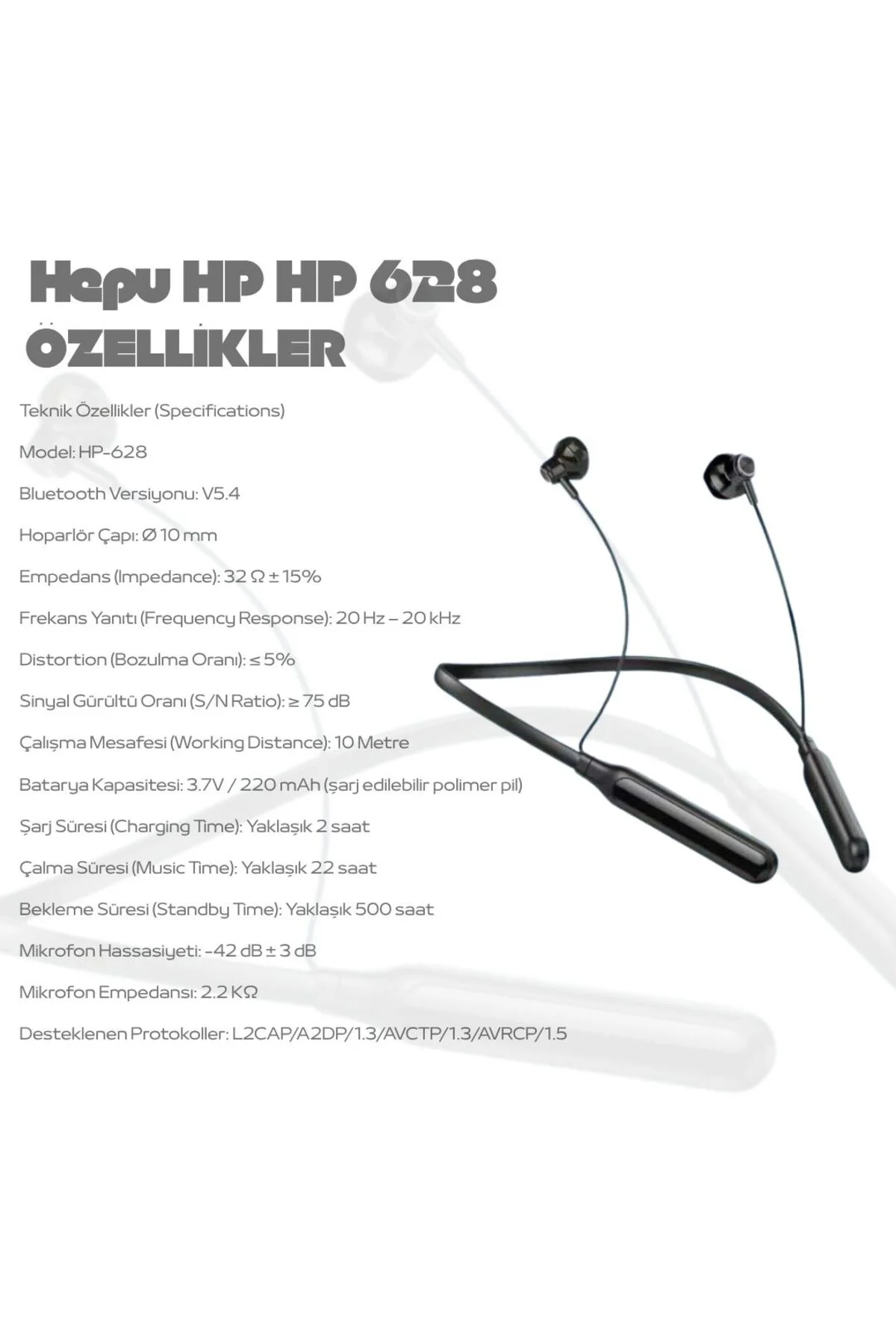 HP-628 Bluetooth 5.4 Kablosuz Spor Kulaklık | 22 Saat Müzik Süres