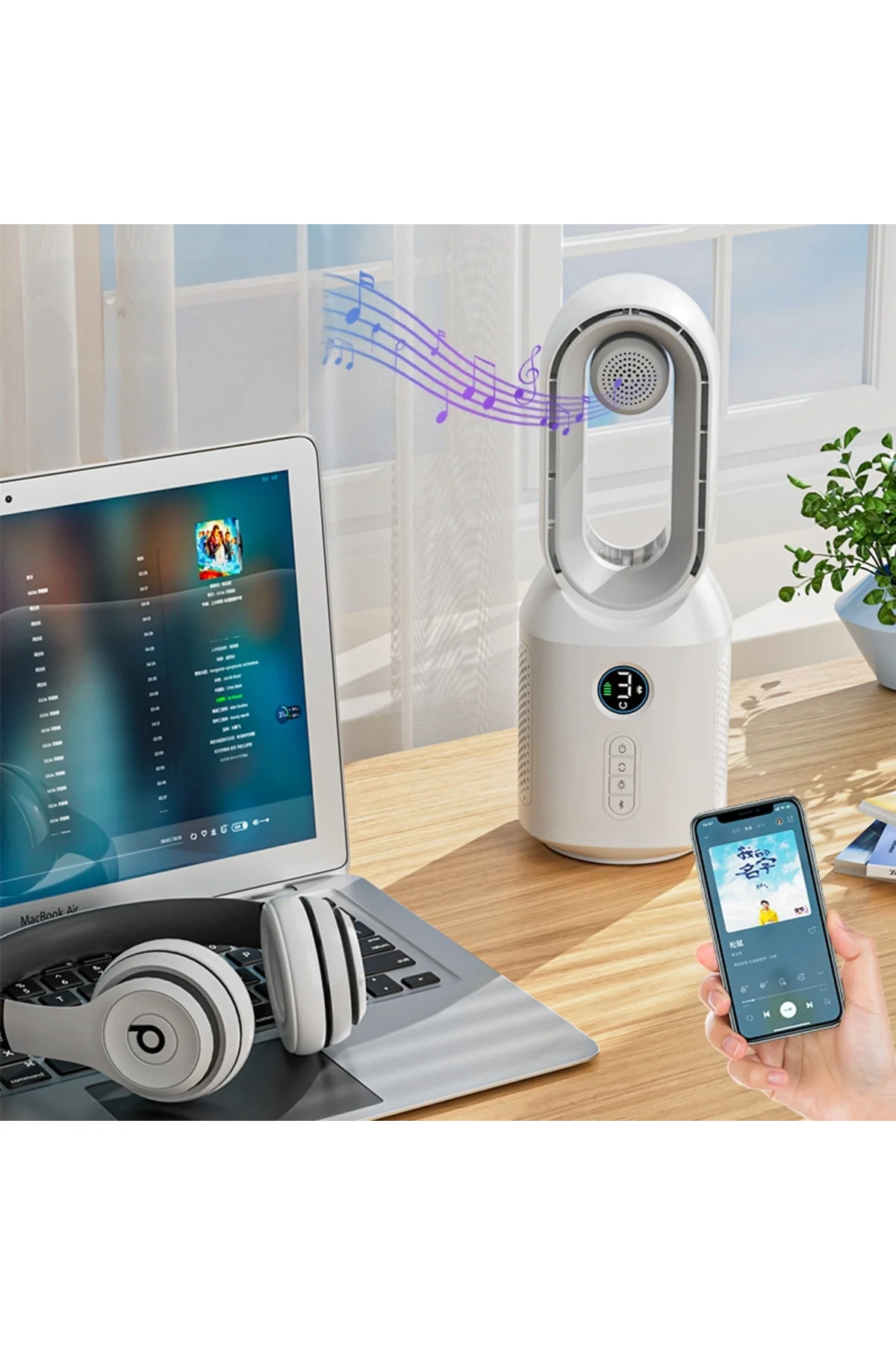 HP-F29 Sessiz Pervanesiz 360° Döner USB Şarjlı Masaüstü Fan – Bluetooth Hoparlörlü, Gece Lambalı, 3'ü 1 Arada Akıllı Tasarım