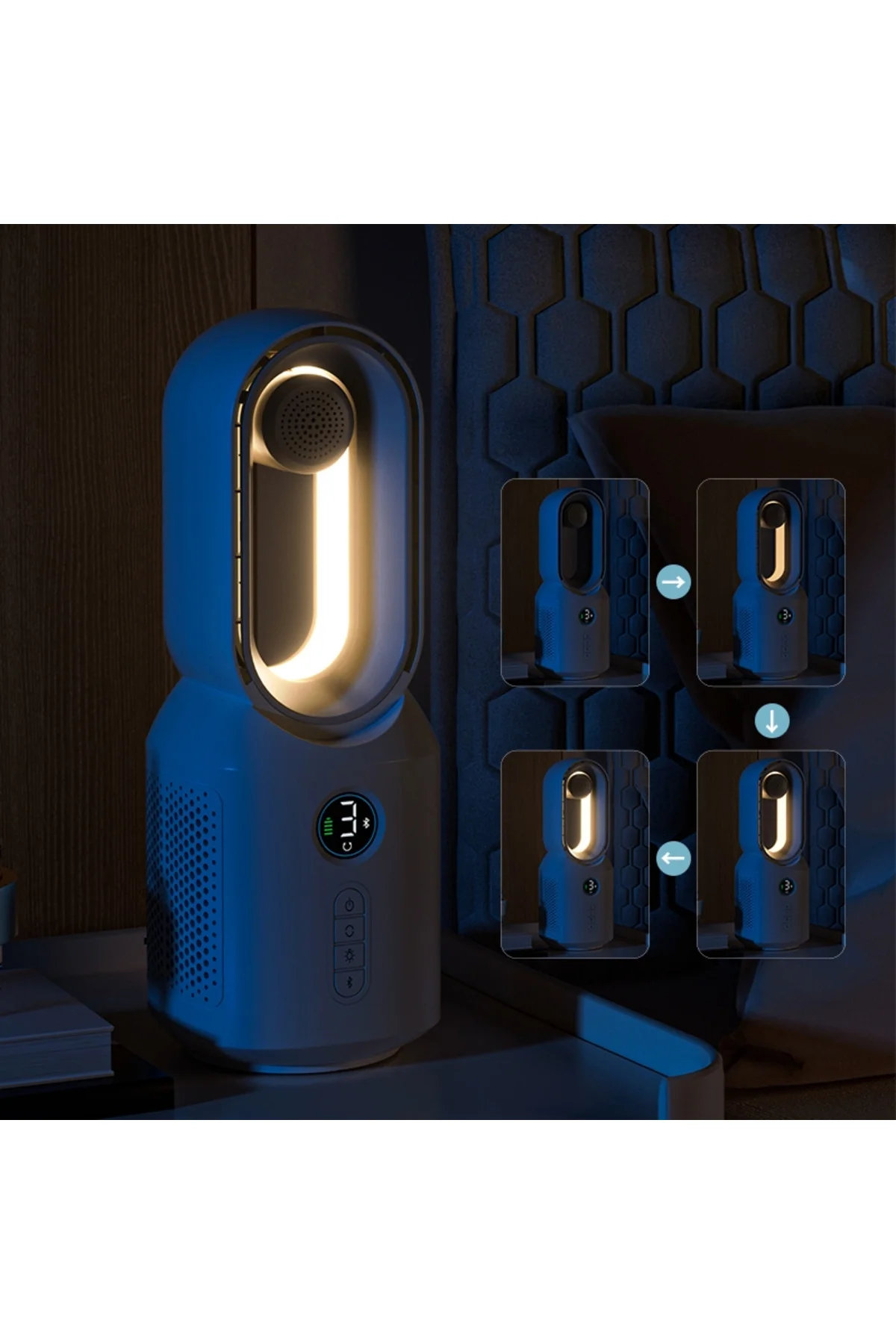HP-F29 Sessiz Pervanesiz 360° Döner USB Şarjlı Masaüstü Fan – Bluetooth Hoparlörlü, Gece Lambalı, 3'ü 1 Arada Akıllı Tasarım