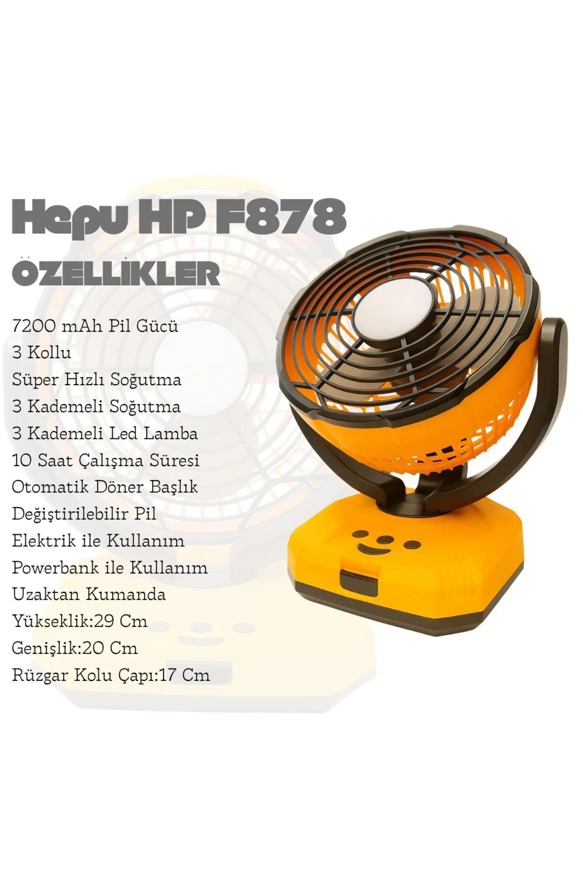HP F878 | 7200 mAh Bataryalı Taşınabilir Fan – LED Işıklı, Kamp v