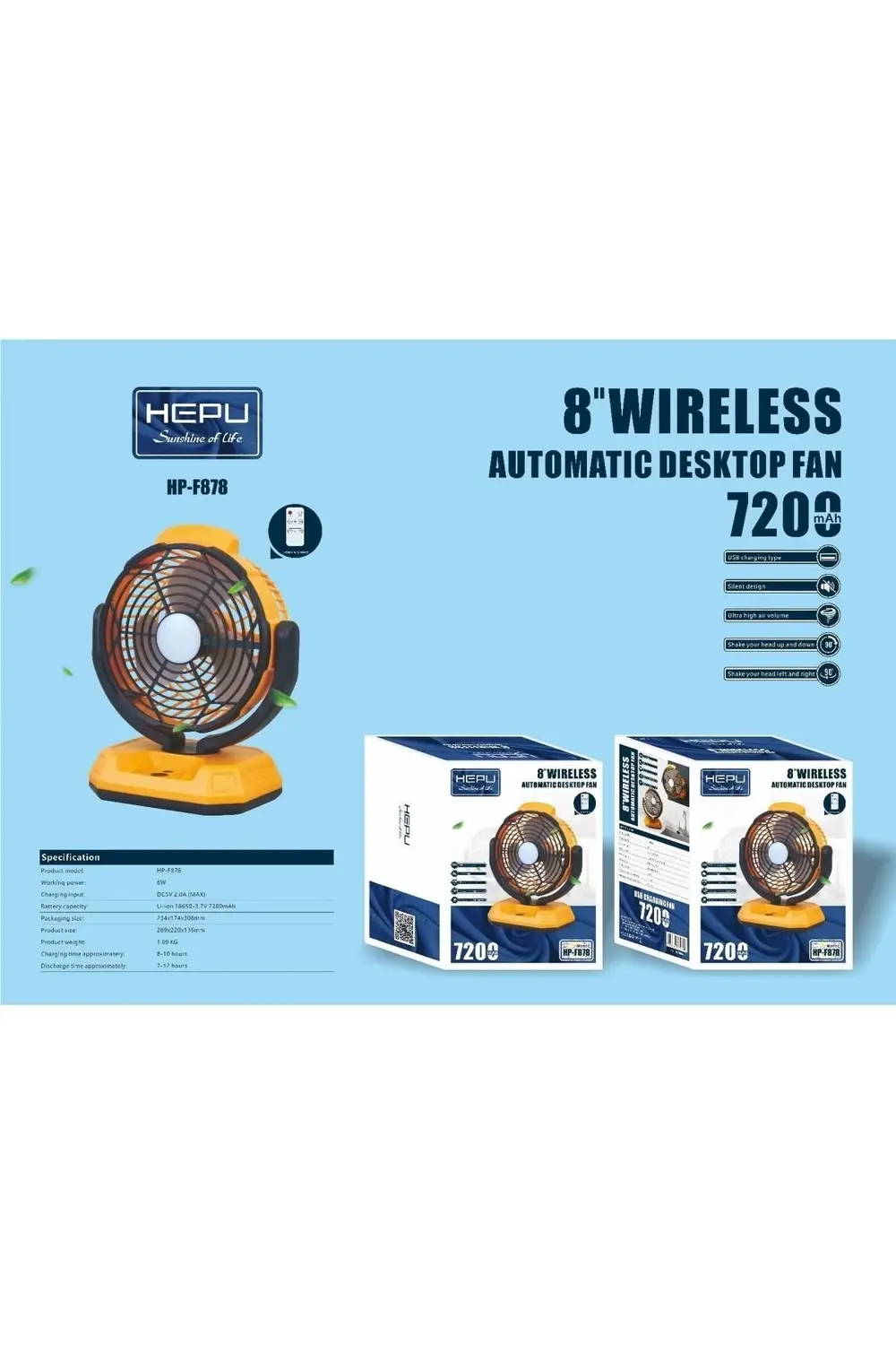 HP F878 | 7200 mAh Bataryalı Taşınabilir Fan – LED Işıklı, Kamp v