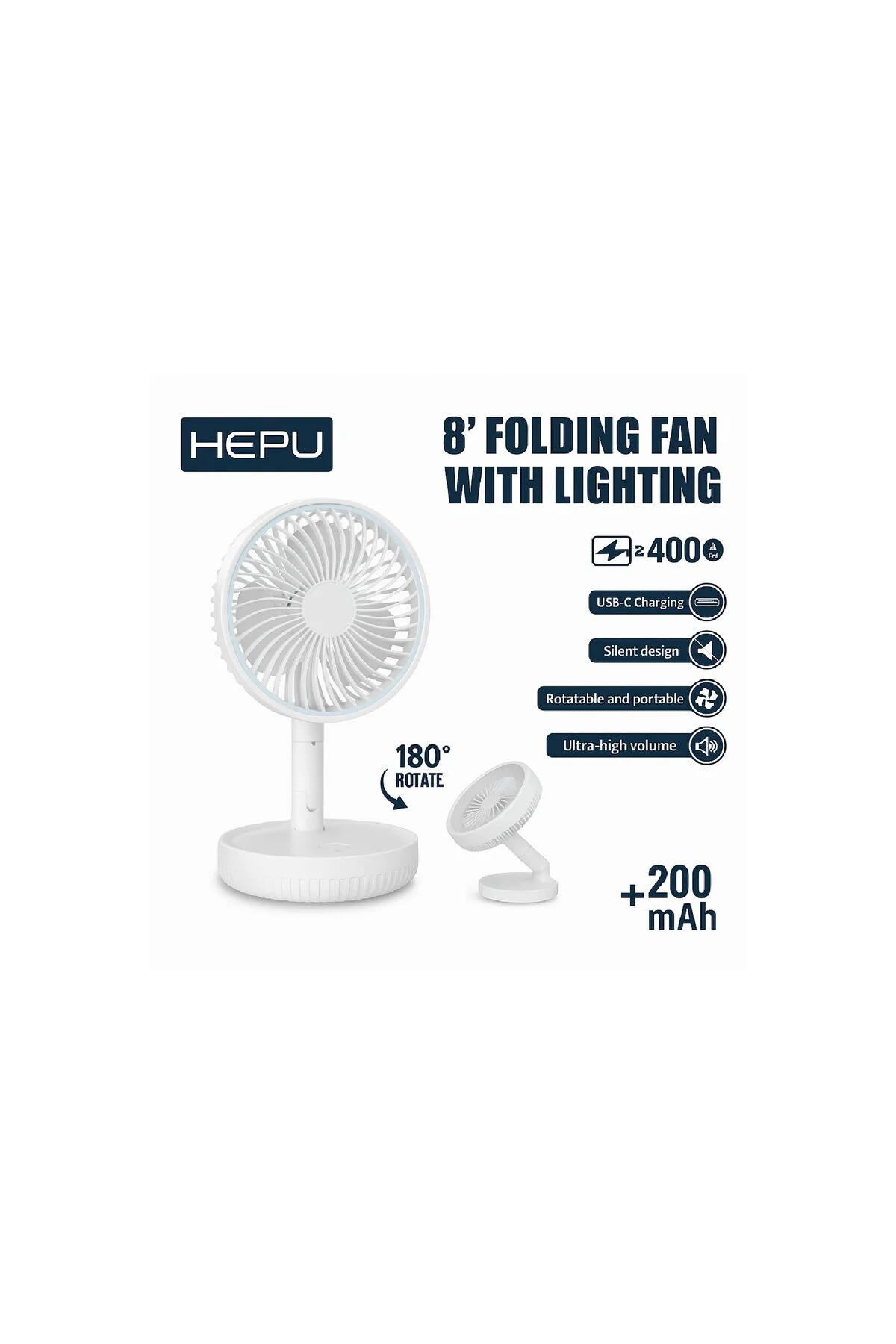 HP-F888 Şarjlı Katlanabilir Masaüstü Fan 4000mAh LED Işıklı