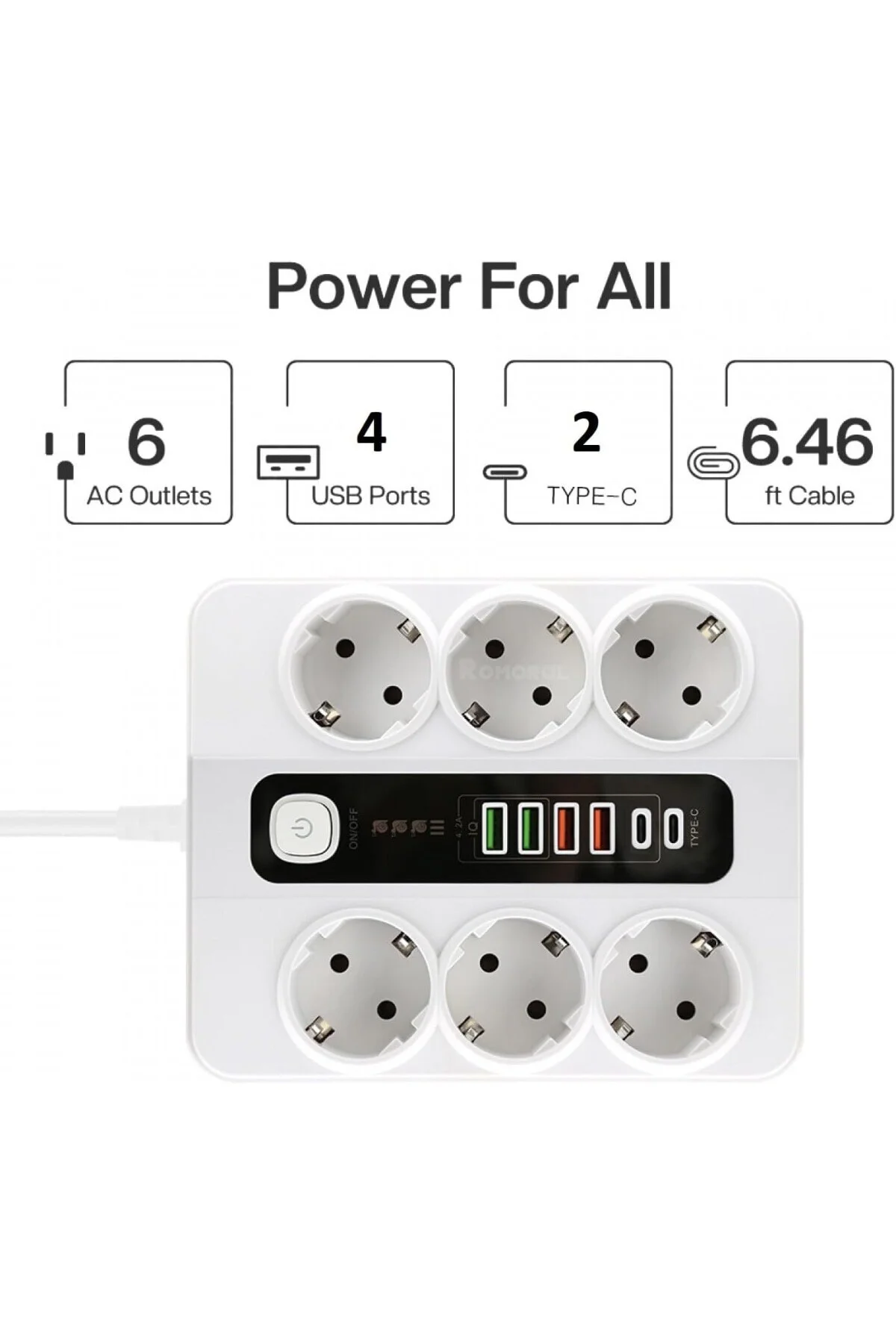 HP-H04 Termal Akım Korumalı 3000W 3.6 Amper 6 lı Priz 2 Metre Uzatma Kablosu Çoklu Priz 4 Usb 2