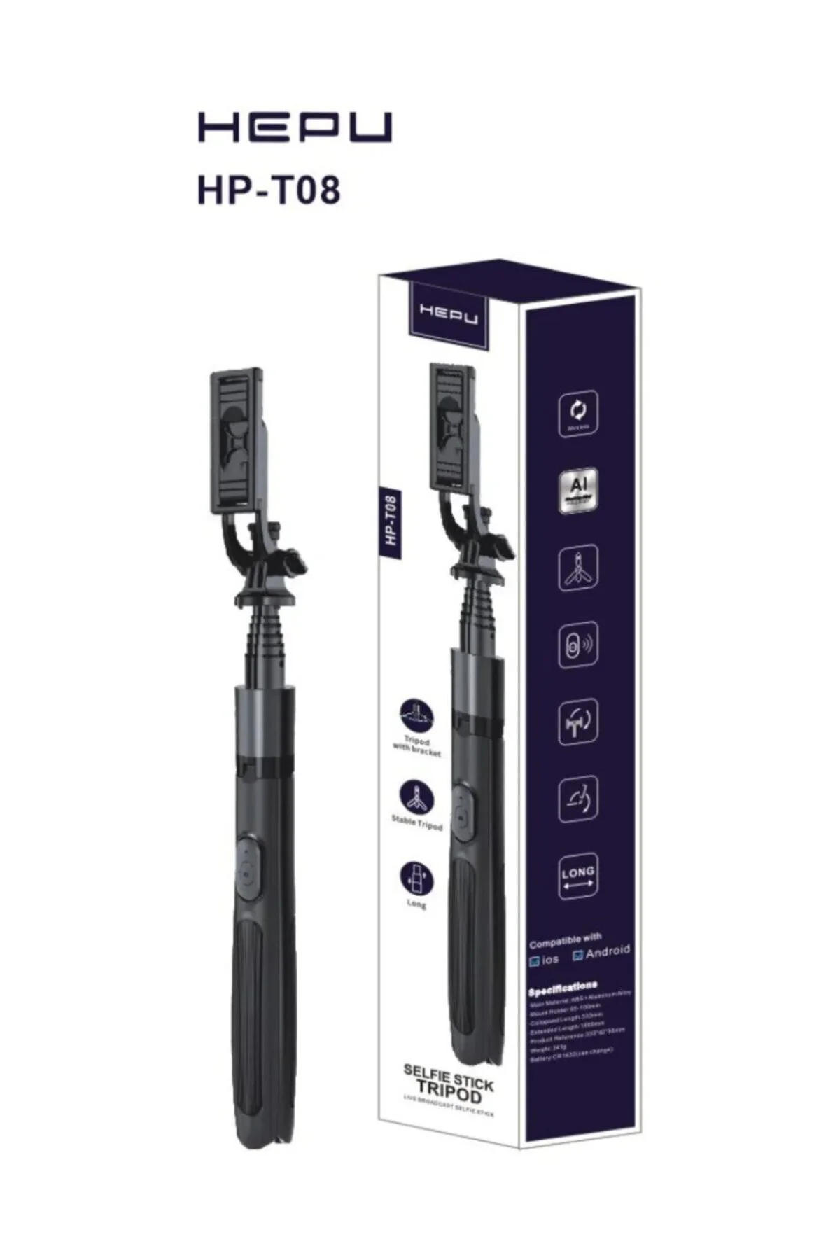 HP-T08 Tripod Selfie Stick 150 cm Uzayan Bluetooth Kumandalı HP-T08 Tripod Selfie Stick 150 cm Uzayan Bluetooth Kumandalı