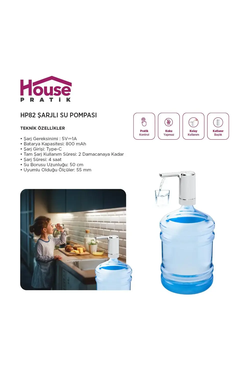 HP82 Şarjlı Su Pompası — 800 mAh, Type-C, 50 cm Hortum