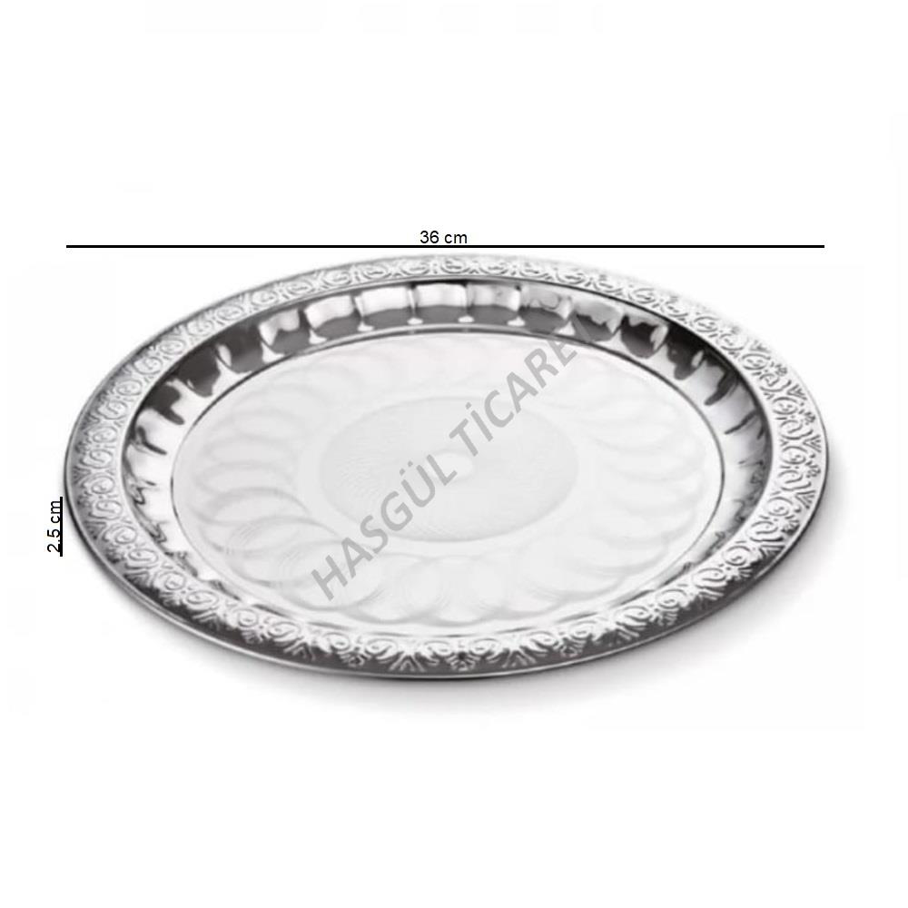 Hsgl  Paslanmaz Çelik Yuvarlak Çay Tepsisi 36 Cm Desenli Kahve Ser