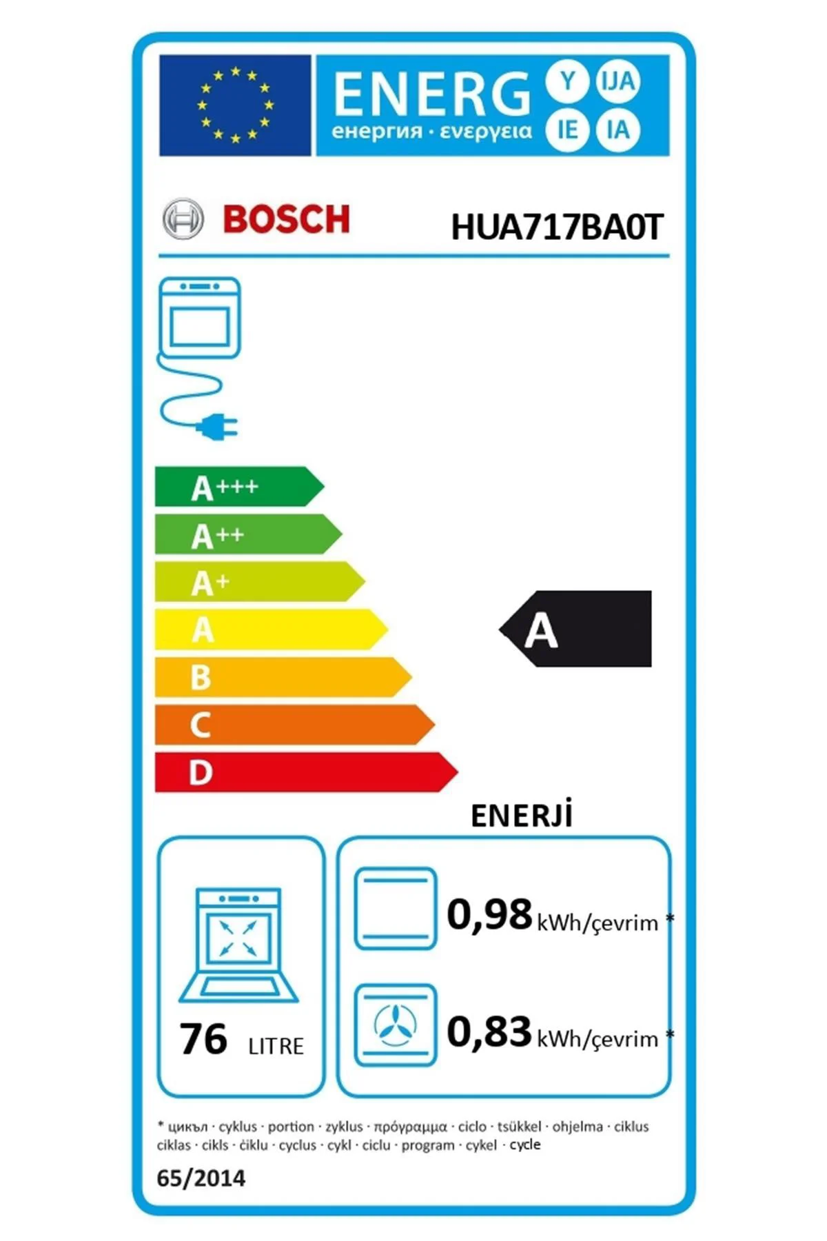 HUA717BA0T-Bosch Ankastre Fırın,76 Lt