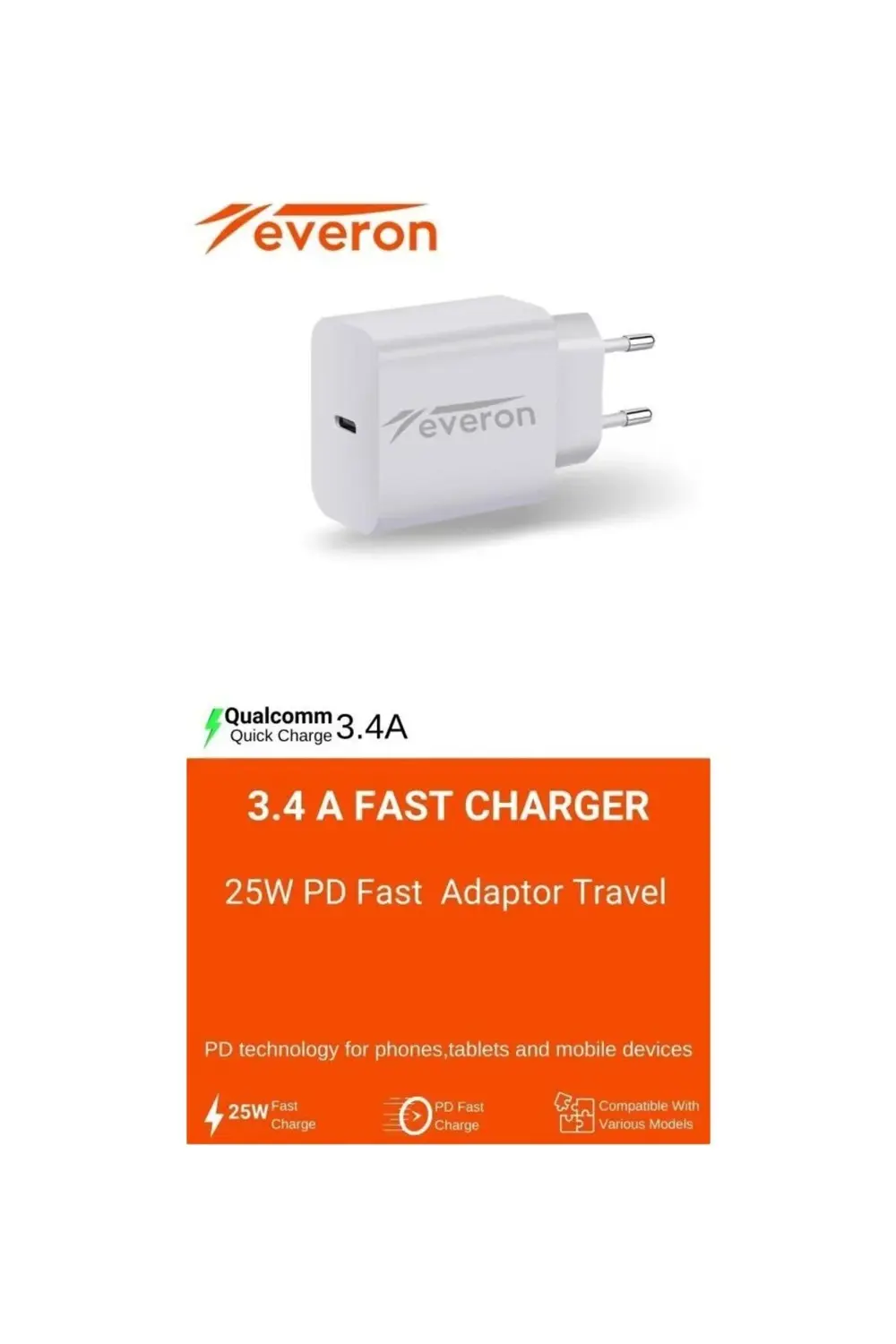 Everon Huawei Enjoy Z İle Uyumlu 25W Qc 3.4A Type C Şarj Adaptörü Evr-00