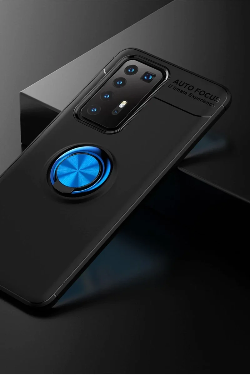 Huawei P40 Pro Kılıf Range Yüzüklü Silikon - Siyah-Mavi