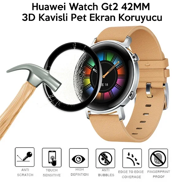 Huawei Watch GT2 42 mm 3D Kavisli PET Ekran Koruyucu – Darbe Emici & Çizilmez Film