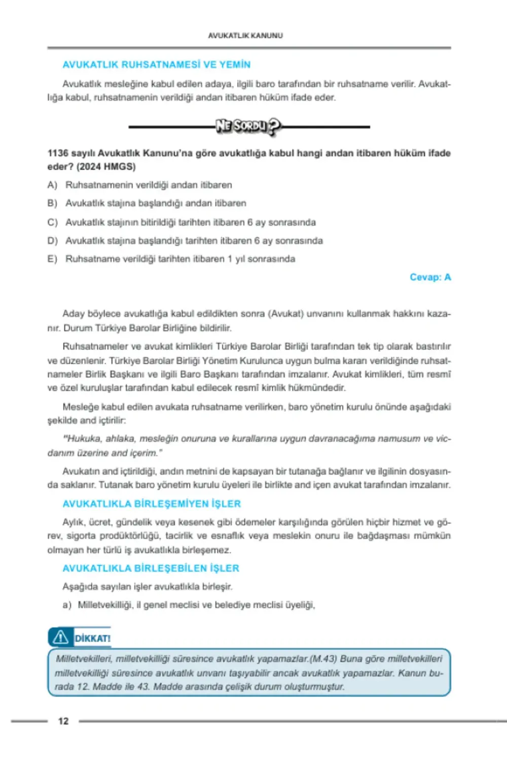 Hukuk Atölyesi HMGS Çıkmış Soru Örnekli Avukatlık Kanunu Ders Not