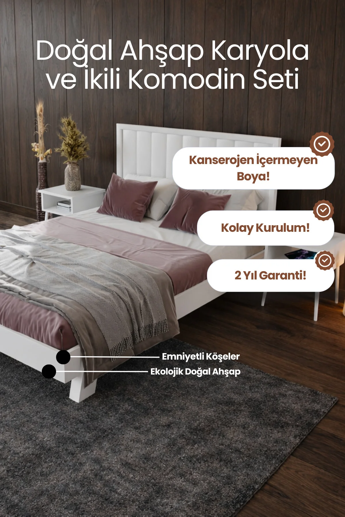 Hüma Dikey Çizgili Model Masif Çam Karyola Ve İki Adet Komodin Seti - Modern Yatak Odası Takımı Fiyatı, Yorumları ve Özellikleri