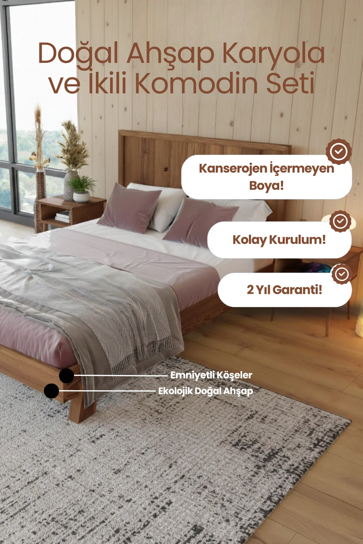 Hüma Model Dikey Başlıklı Masif Ahşap Karyola ve 2 Adet Komodin Kolay Kurulum Fırınlanmış İthal Sibirya Çamı 140x200 Yatak Uyumlu 2 Adet Komodin Hüma Model Dikey Başlıklı Masif Ahşap Karyola ve 2 Adet Komodin Kolay Kurulum Fırınlanmış İthal Sibirya Çamı 140x200 Yatak Uyumlu 2 Adet Komodin