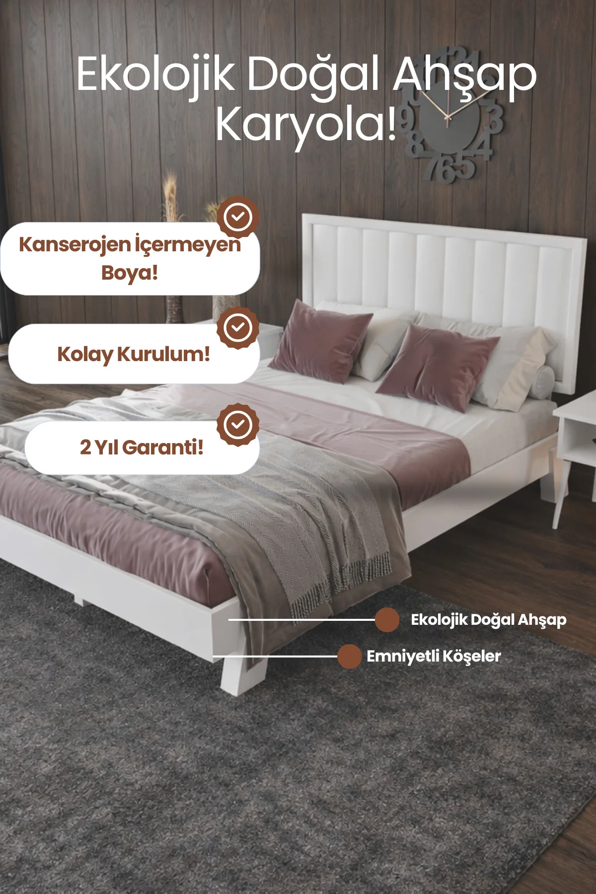 Hüma Model Dikey Başlıklı Masif Ahşap Karyola Kolay Kurulum Fırınlanmış İthal Sibirya Çamı 90x200 Yatak Uyumlu