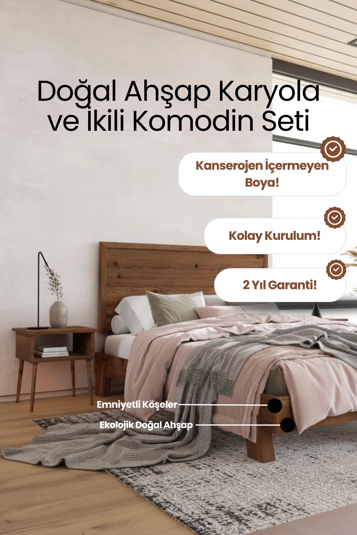 Hüma Model Yatay Başlıklı Masif Ahşap Karyola ve 2 Adet Komodin Kolay Kurulum Fırınlanmış İthal Sibirya Çamı 90x190 Yatak Uyumlu 2 Adet Komodin