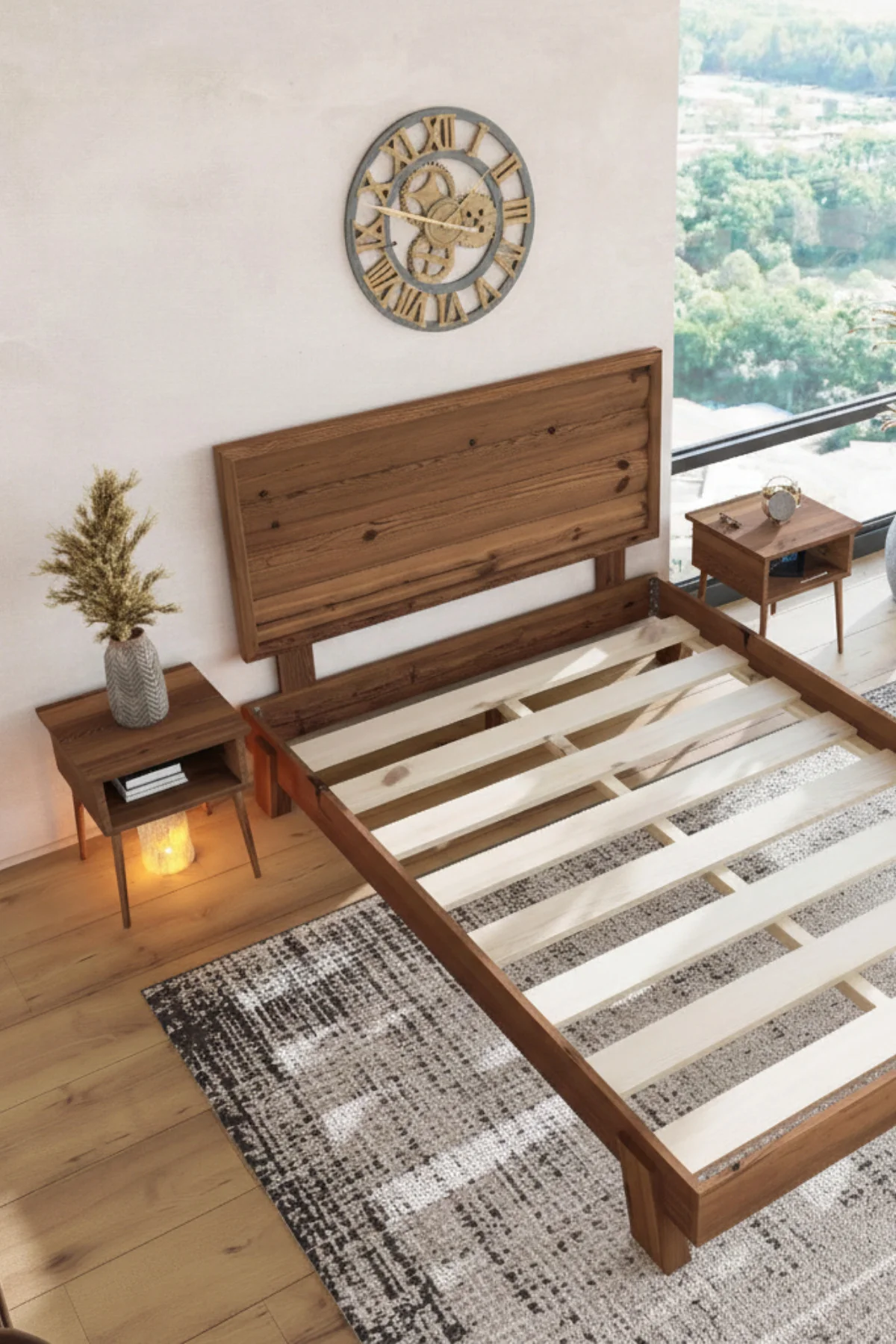 Hüma Model Yatay Başlıklı Masif Ahşap Karyola ve 2 Adet Komodin Kolay Kurulum Fırınlanmış İthal Sibirya Çamı 90x190 Yatak Uyumlu 2 Adet Komodin
