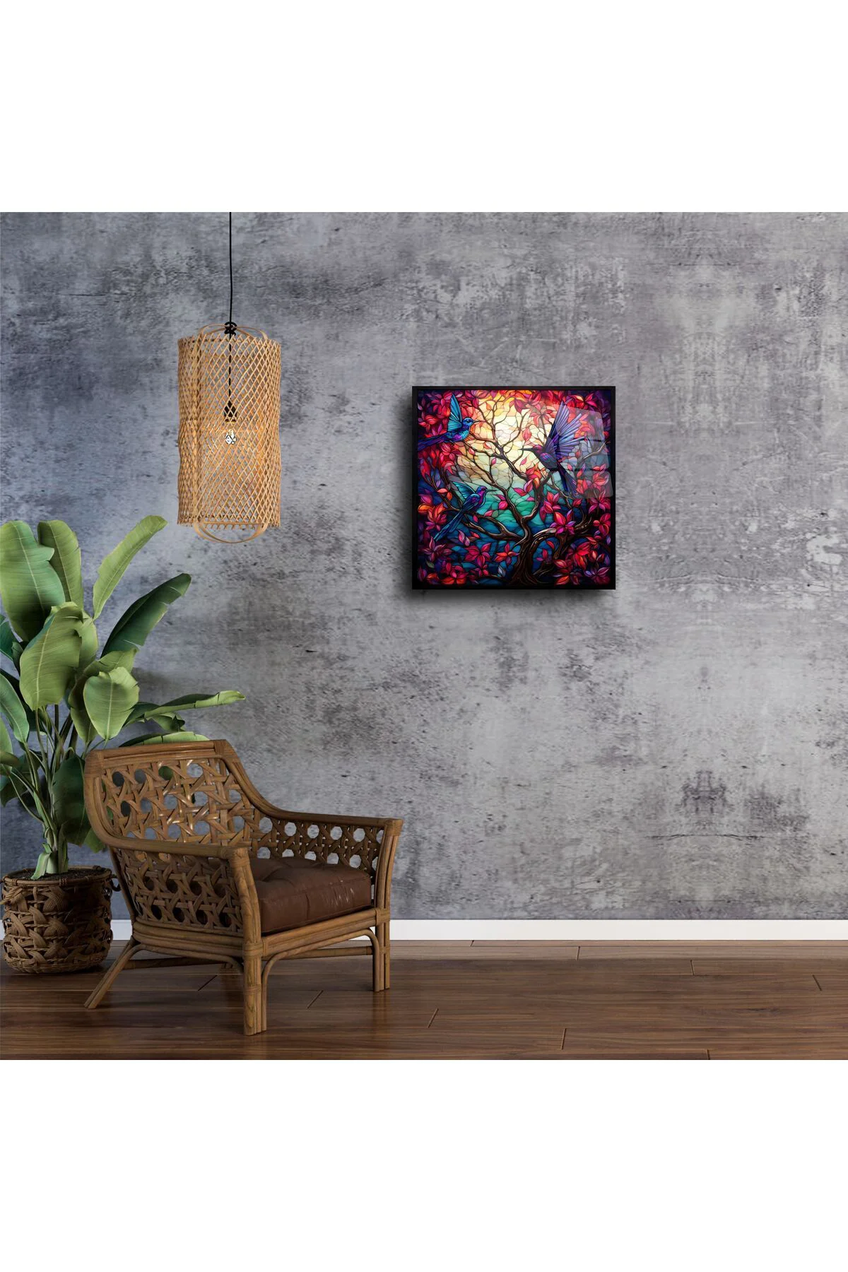 Hummingbird ve Kırmızı Yapraklı Lüks Vitray Tablo Hummingbird ve Kırmızı Yapraklı Lüks Vitray Tablo
