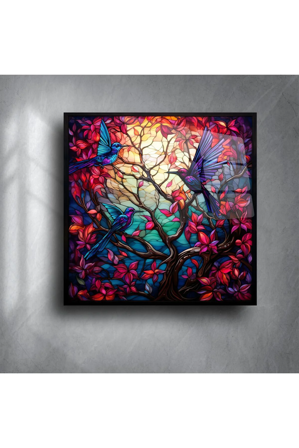 Hummingbird ve Kırmızı Yapraklı Lüks Vitray Tablo Hummingbird ve Kırmızı Yapraklı Lüks Vitray Tablo