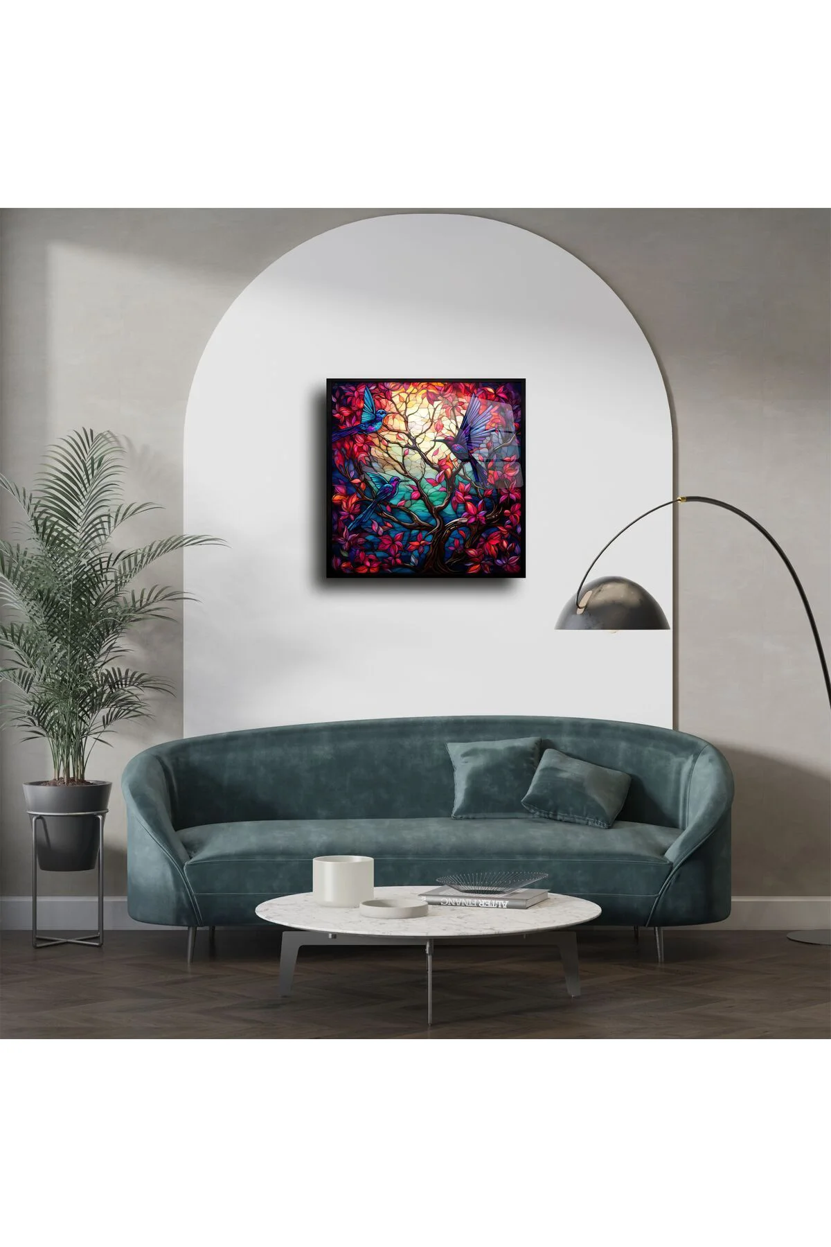 Hummingbird ve Kırmızı Yapraklı Lüks Vitray Tablo Hummingbird ve Kırmızı Yapraklı Lüks Vitray Tablo