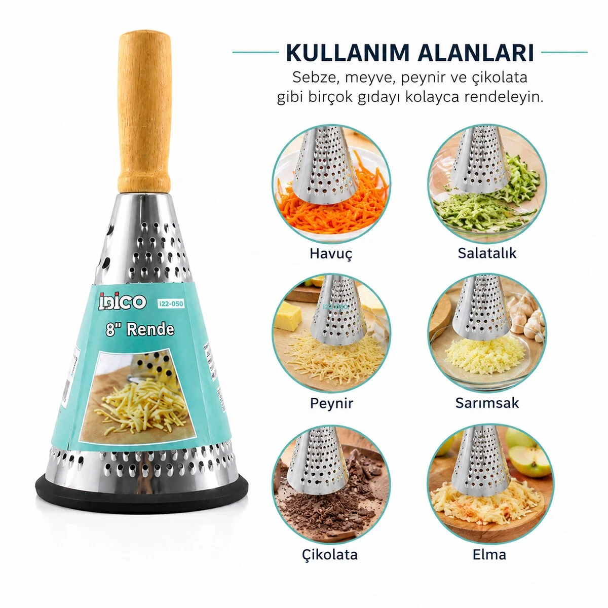 Huni Model Rende - 3 Bölümlü - Paslanmaz Çelik - Ahşap Bambu Saplı - Silikon Taban