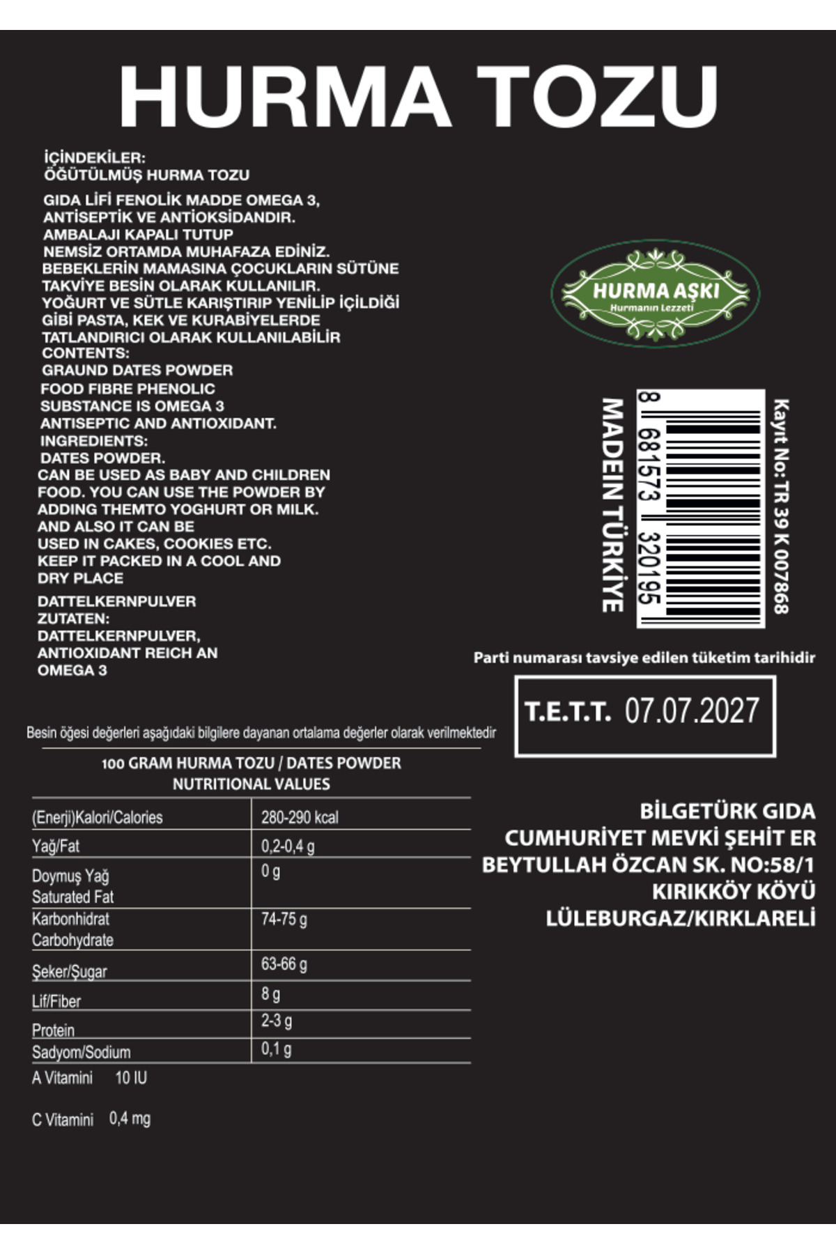 HURMA AŞKI Hurma Tozu 3X100Gr