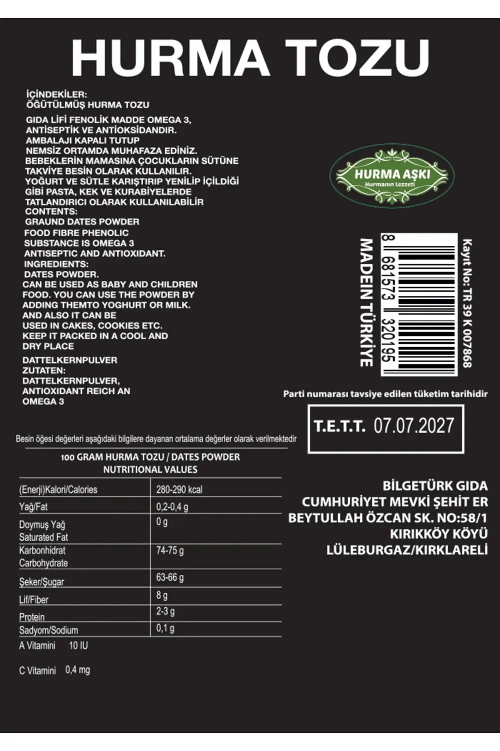 HURMA AŞKI Hurma Tozu 3X100Gr