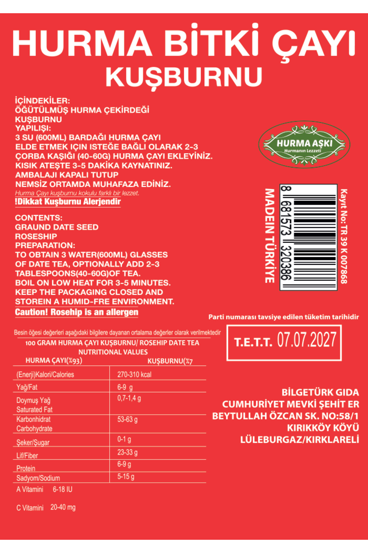 Hurma Aşki Hurma Çayi Kuşburnu 200Grx3=600Gr