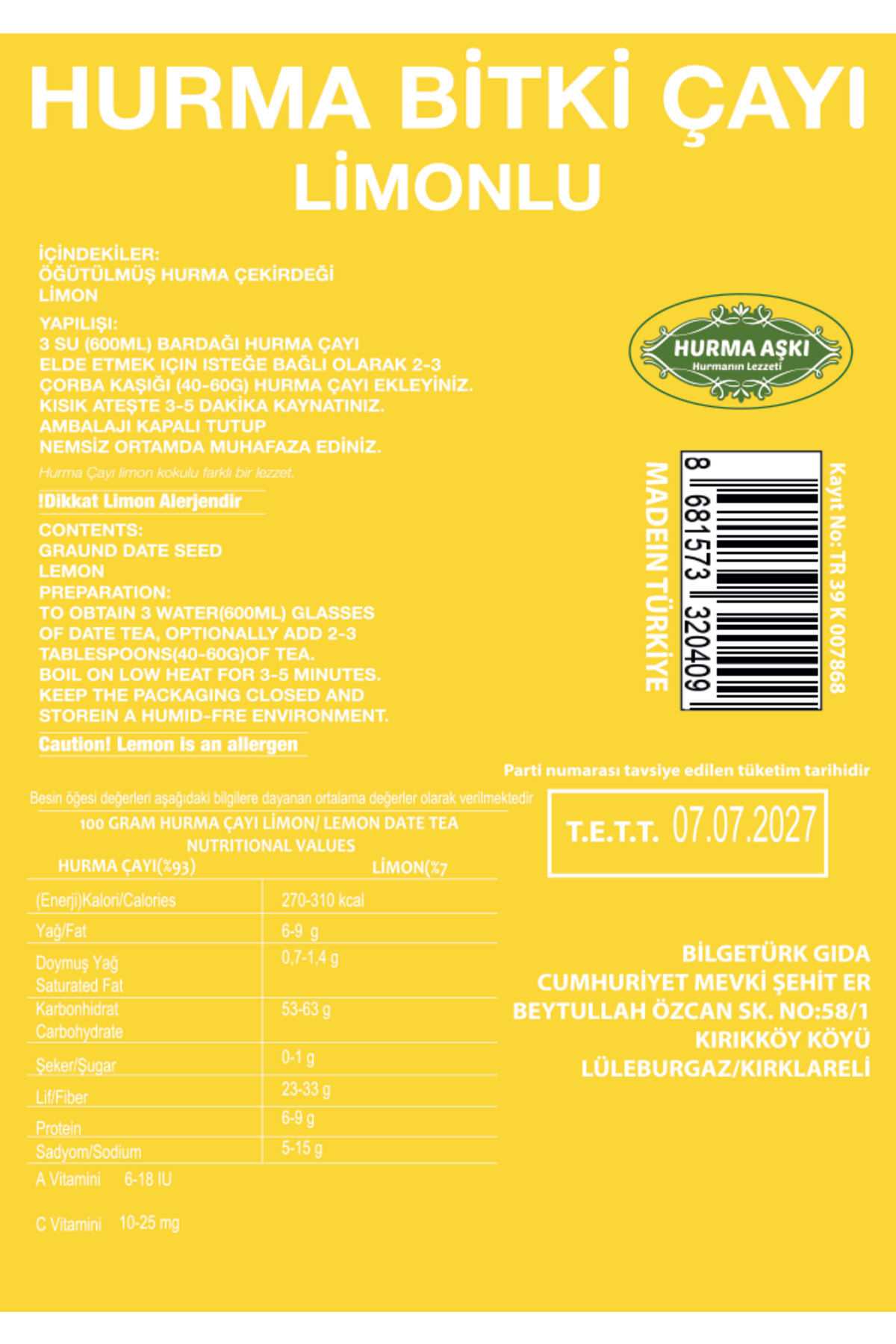 Hurma Çayı Limonlu 200GrX3=600Gr