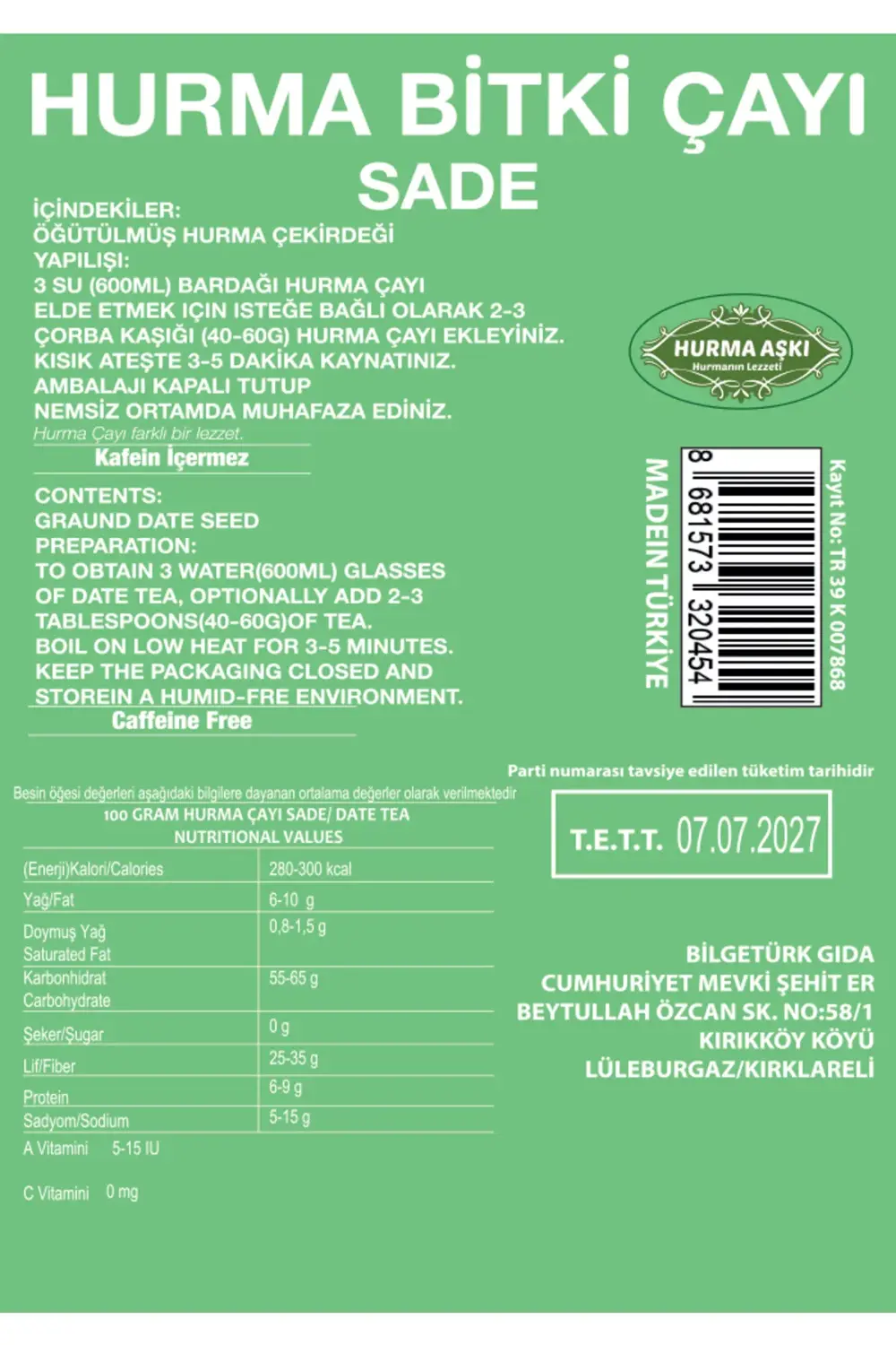 Hurma Çayı Sade 200GrX3=600Gr