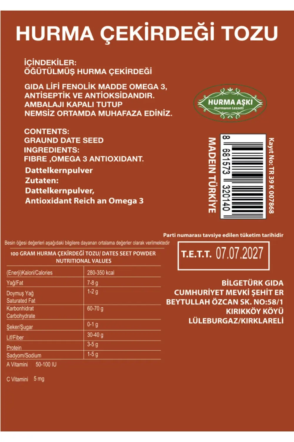 Hurma Çekirdeği Tozu 100Gr.X3=300Gr