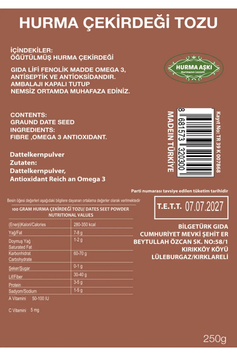 Hurma Çekirdeği Tozu 250GrX3=750Gr