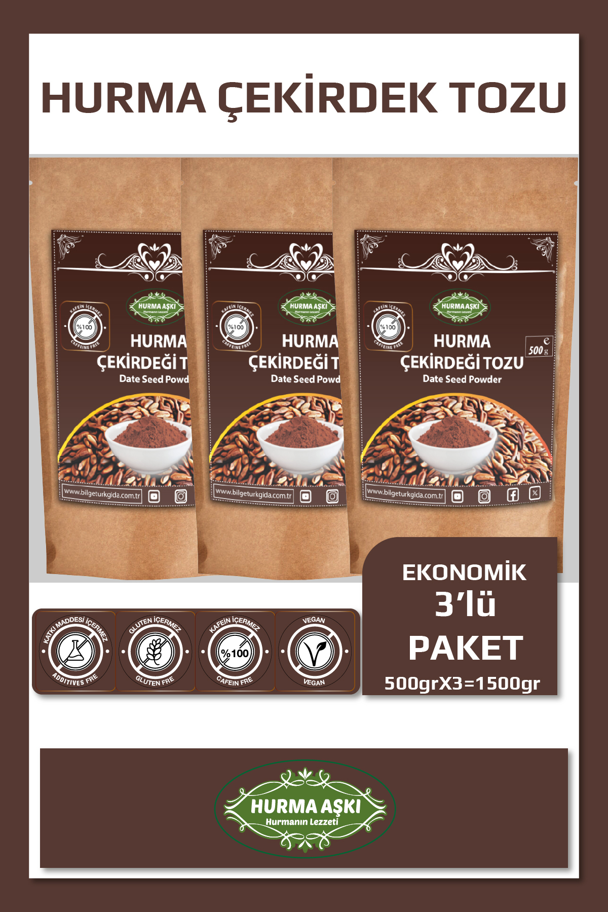 Hurma Çekirdeği Tozu 500GrX3=1500Gr