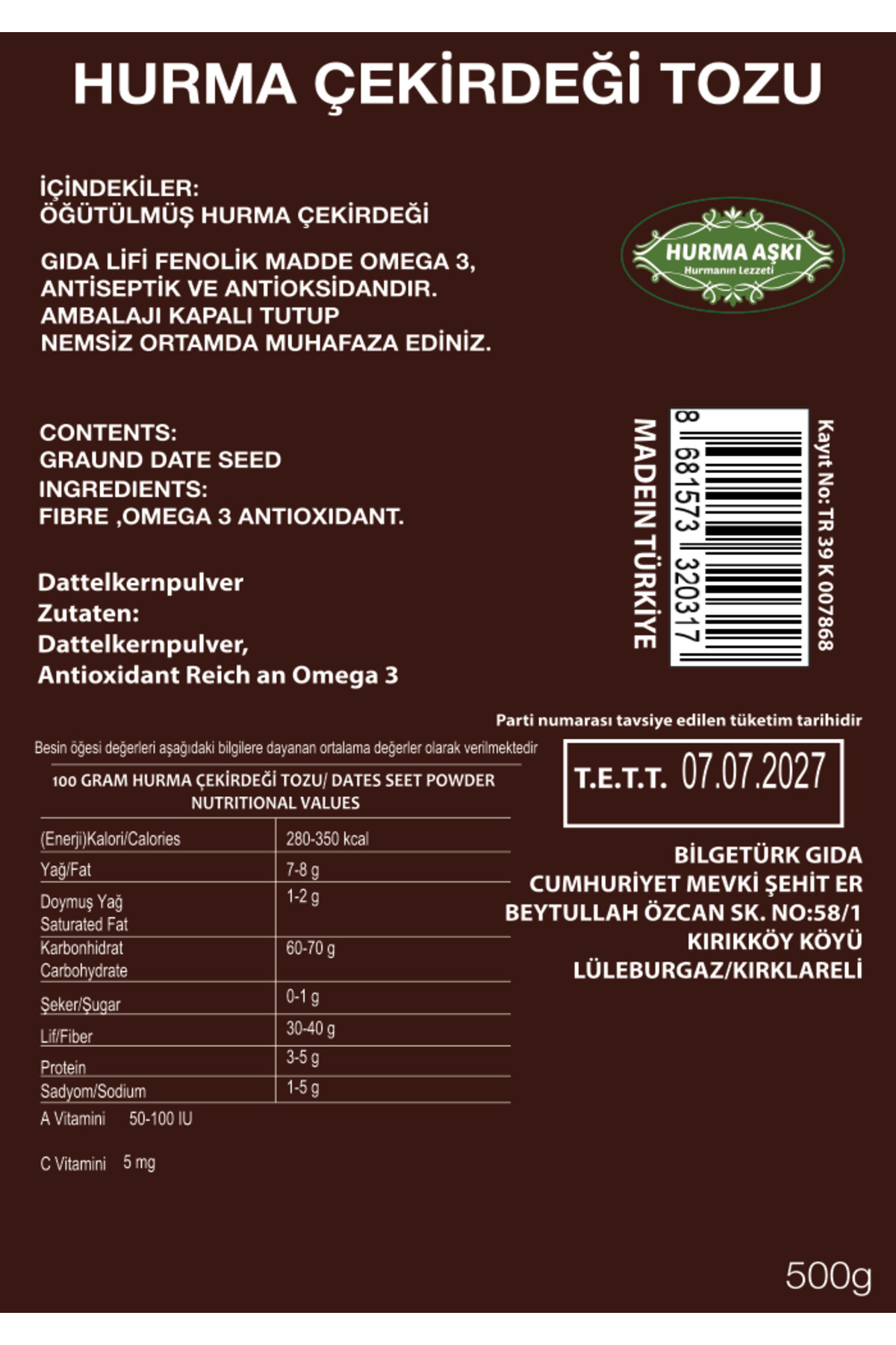 Hurma Çekirdeği Tozu 500GrX3=1500Gr