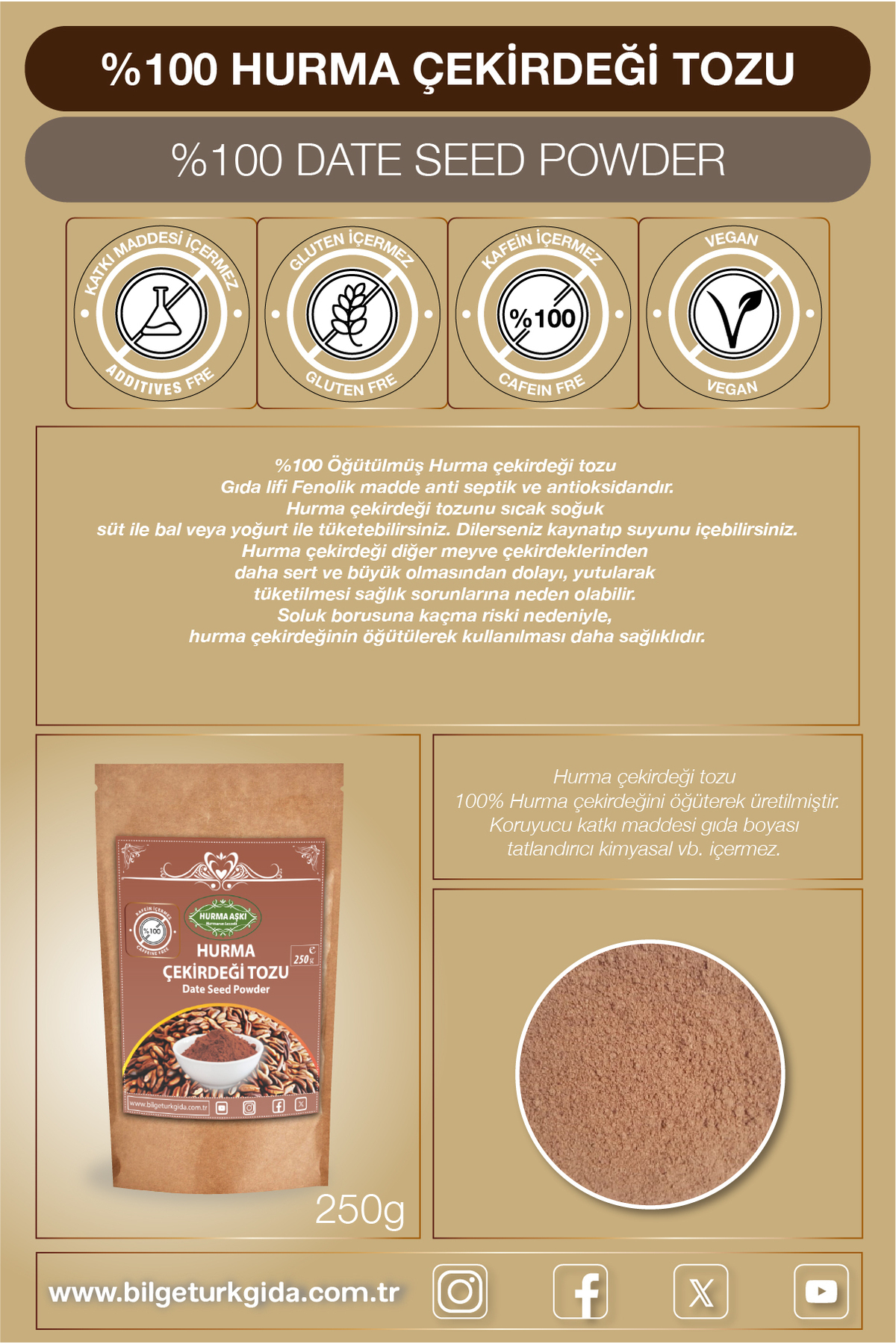 Hurma Çekirdeği Tozu 250GrX3=750Gr