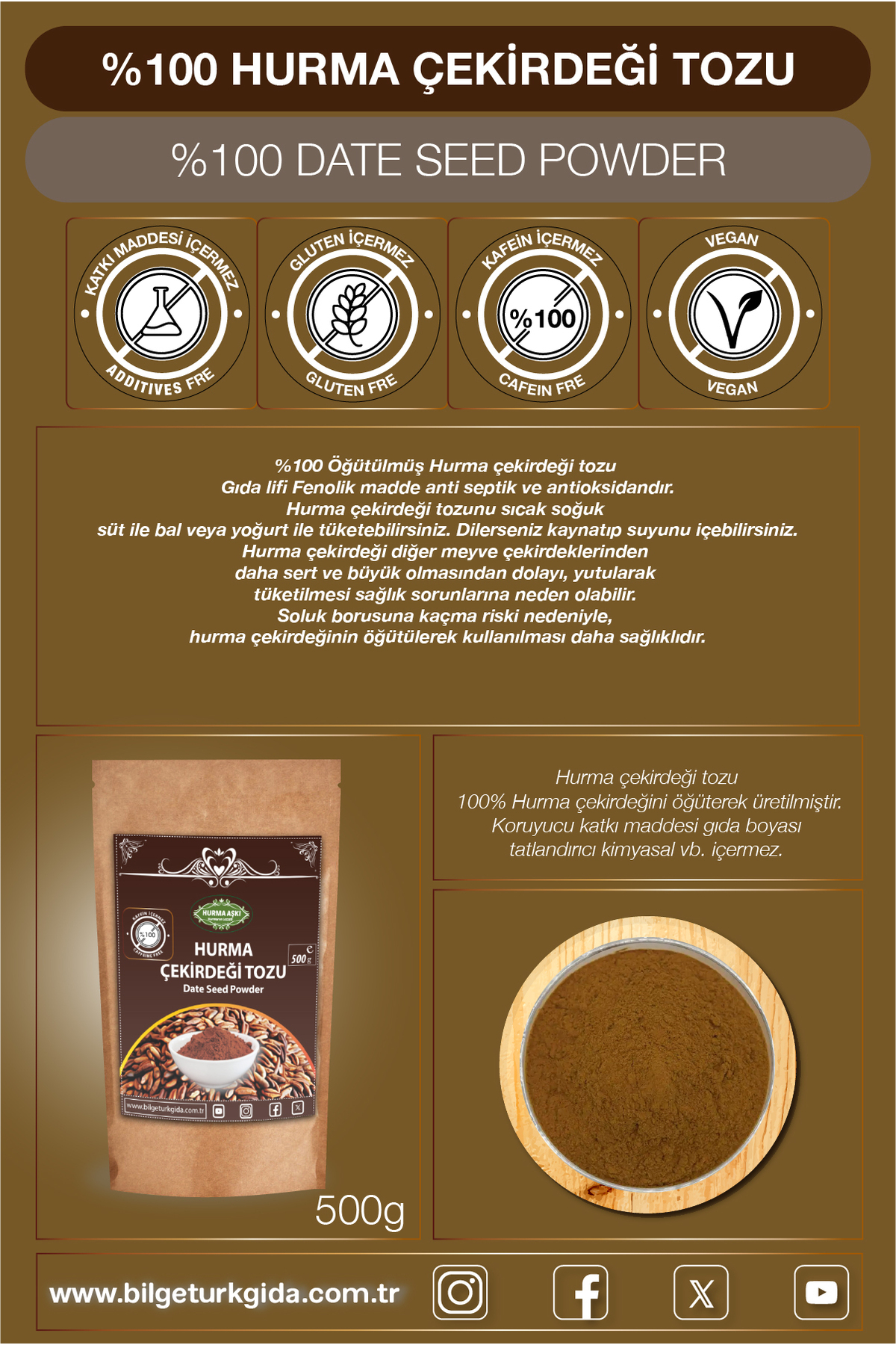 Hurma Çekirdeği Tozu 500GrX3=1500Gr