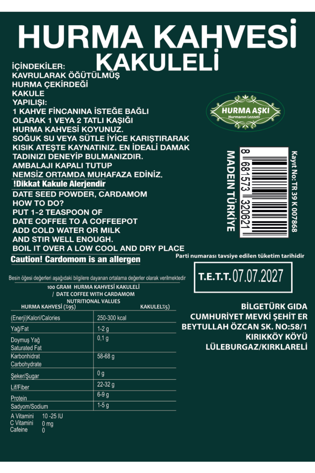 Hurma Aşki Hurma Kahvesi Kakuleli 200Grx3=600Gr