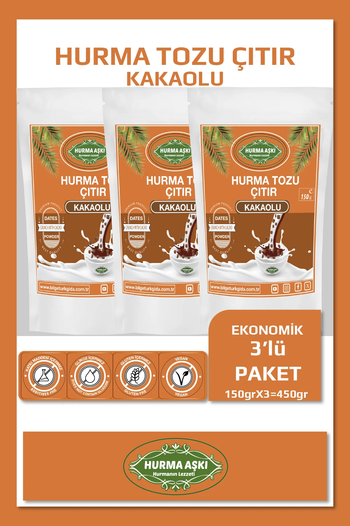 Hurma Tozu Çıtır Kakaolu 150GrX3=450Gr Hurma Tozu Çıtır Kakaolu 150GrX3=450Gr