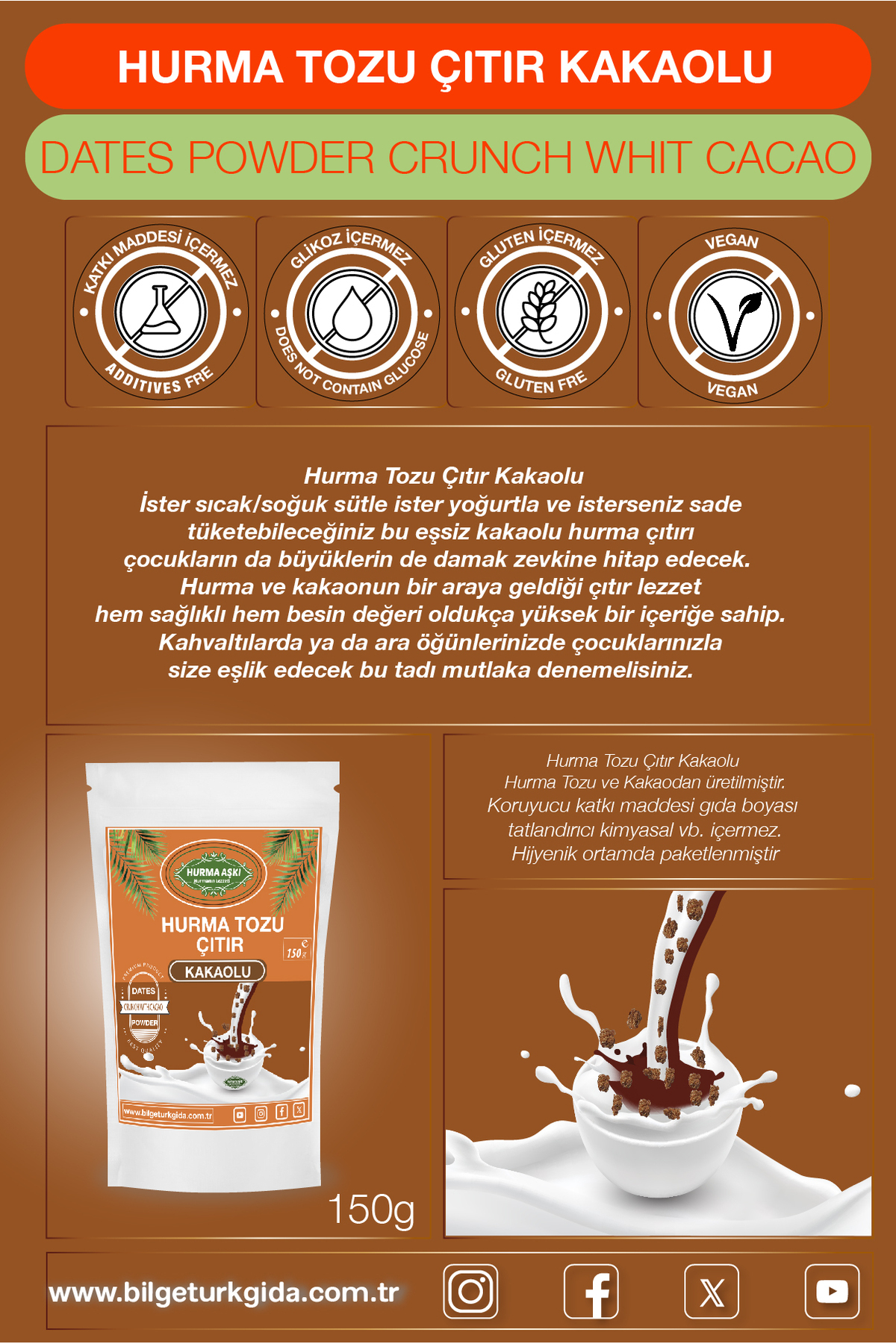 Hurma Tozu Çıtır Kakaolu 150GrX3=450Gr