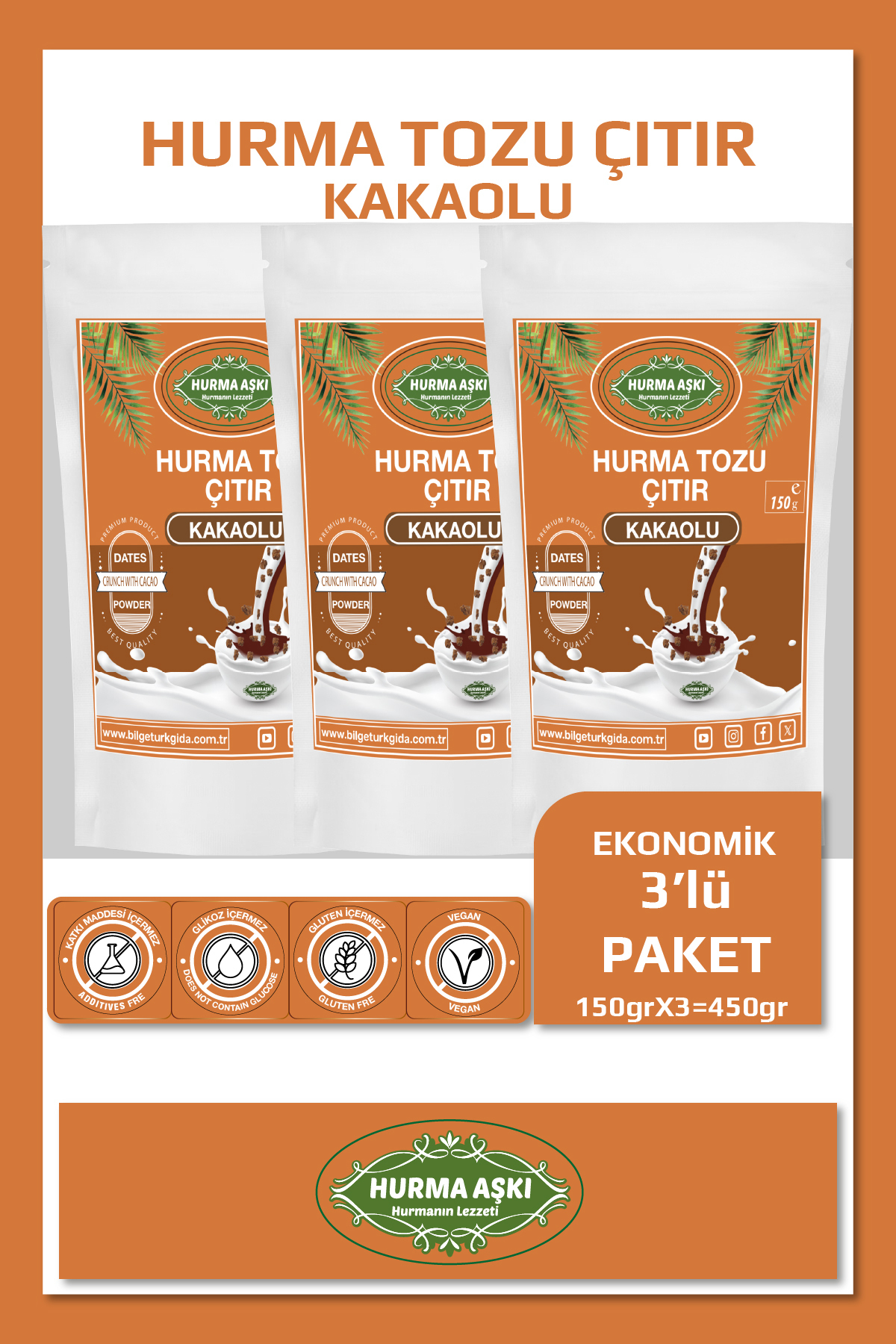 Hurma Aşki Hurma Tozu Çitir Kakaolu 150Grx3=450Gr