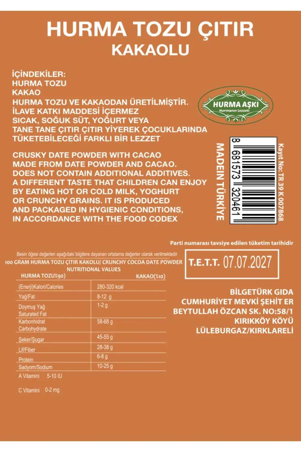 Hurma Tozu Çıtır Kakaolu 150 Gr