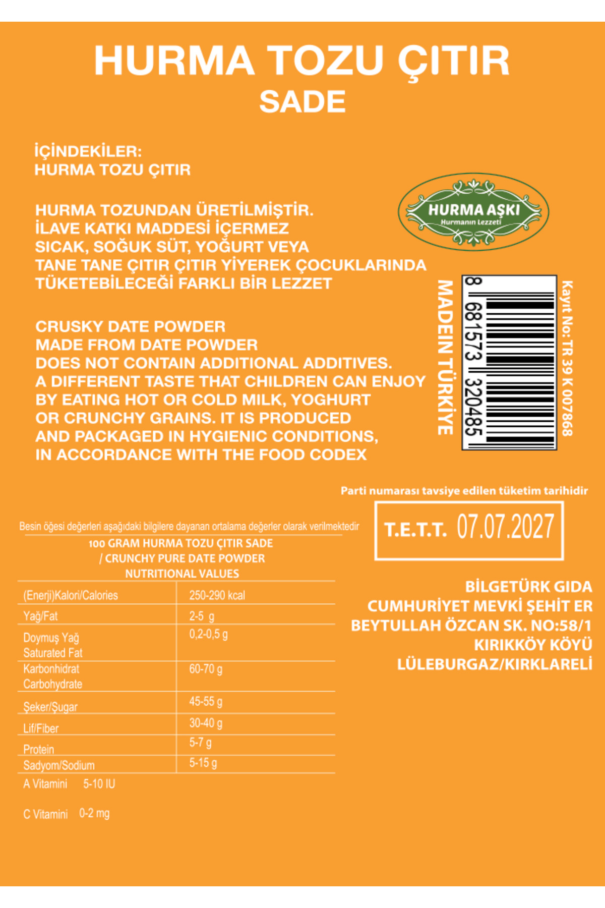 Hurma Tozu Çıtır Sade 150 Gr