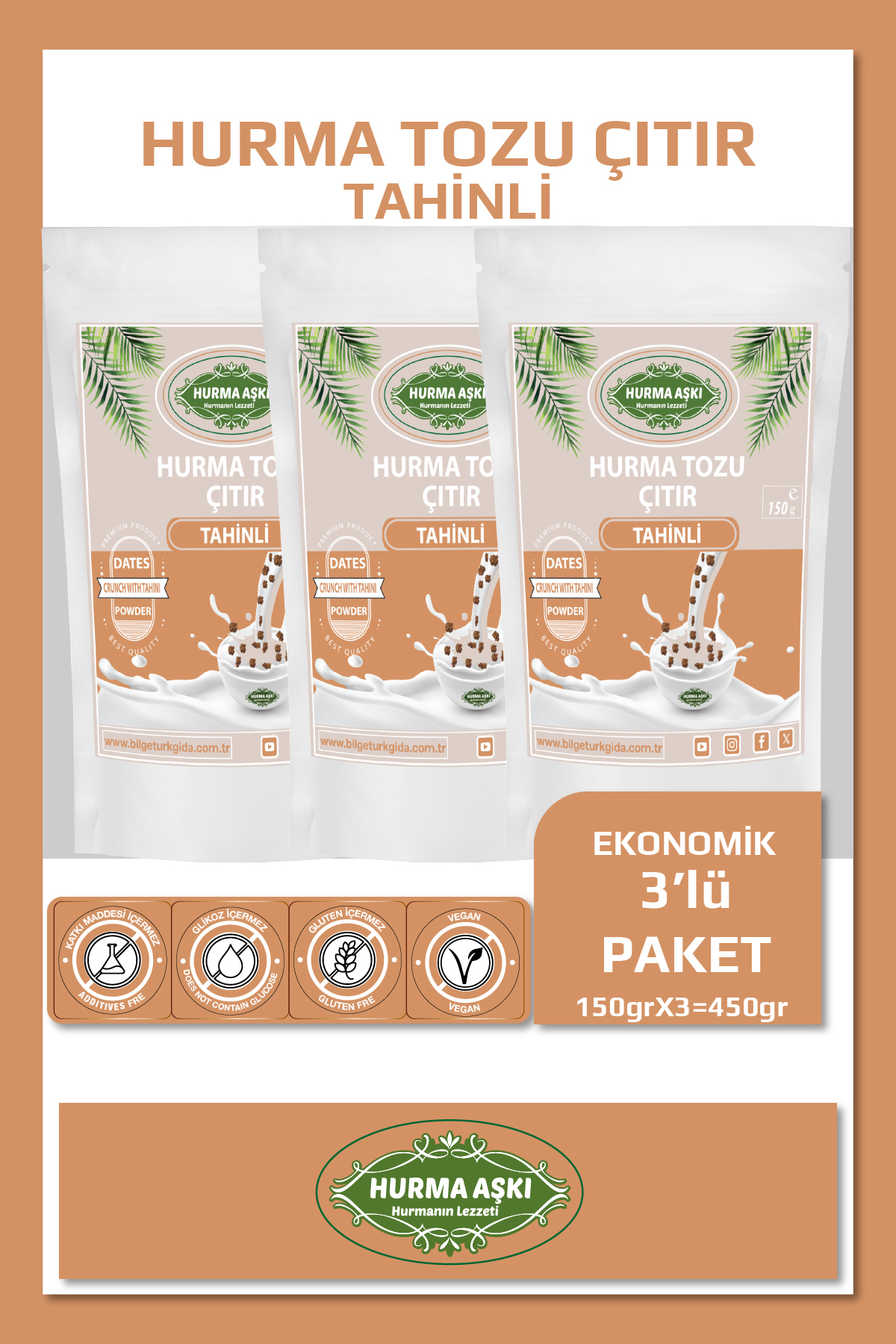Hurma Tozu Çıtır Tahinli 150GrX3=450Gr