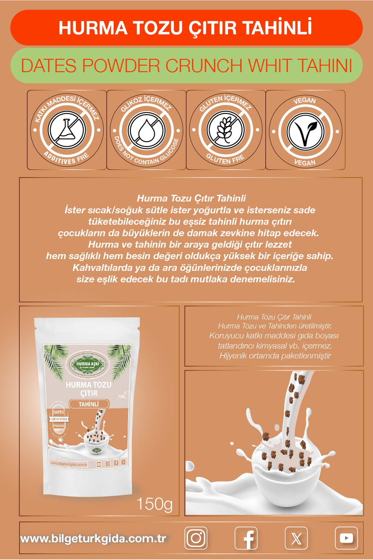 Hurma Tozu Çıtır Tahinli 150GrX3=450Gr