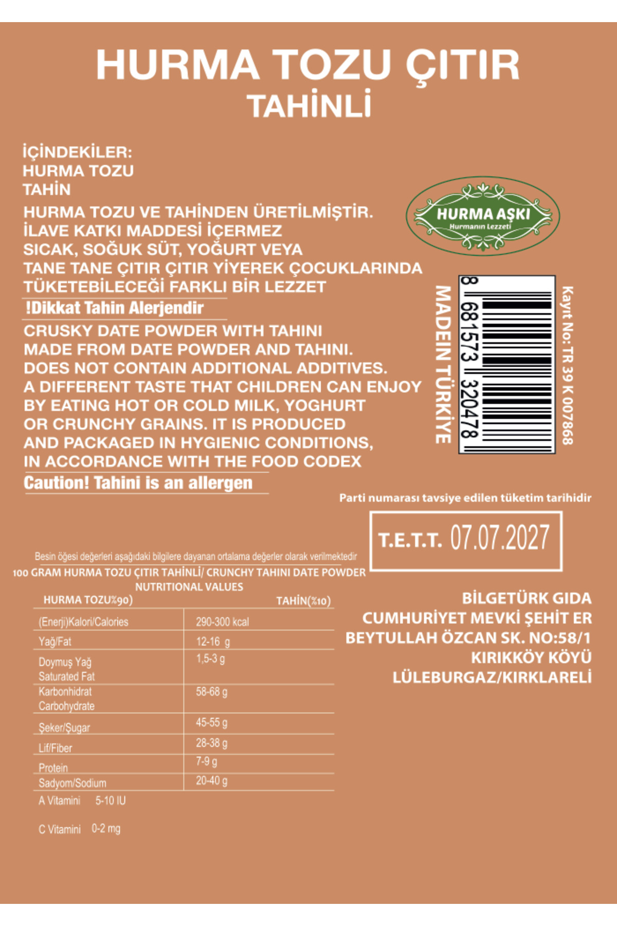 Hurma Aşki Hurma Tozu Çitir Tahinli 150 Gr