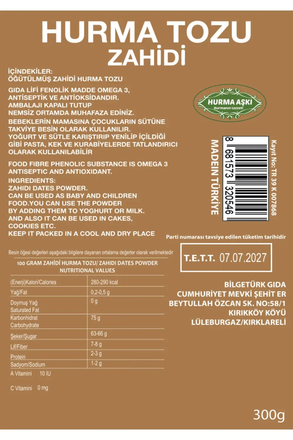 Hurma Tozu Zahidi 300 Gr