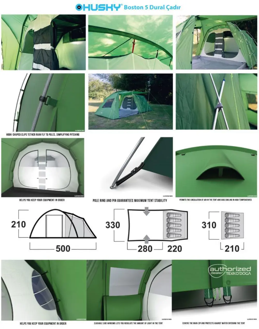 HUSKY Boston Dural 5 Kişilik 3 Mevsim Kamp Çadırı Yeşil