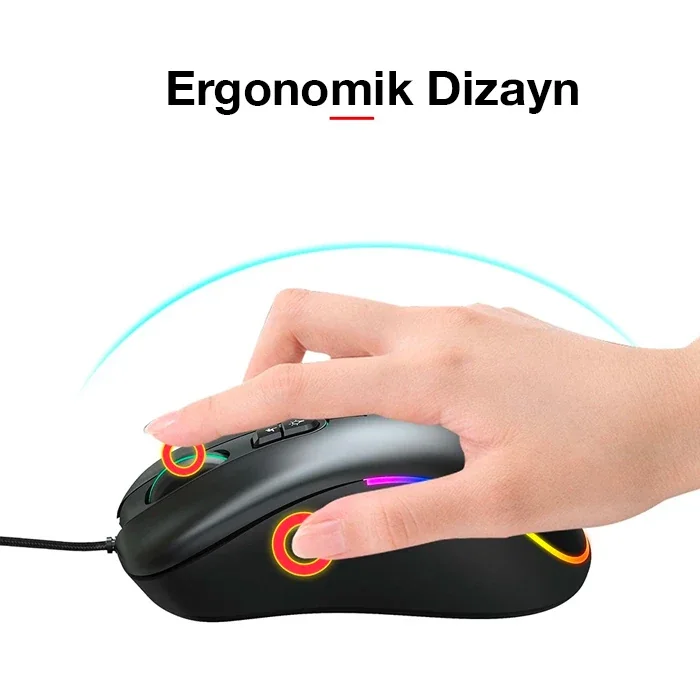 HXSJ J900 RGB Oyuncu Mouse – 6400 DPI 7 Renk Işık USB Kablolu